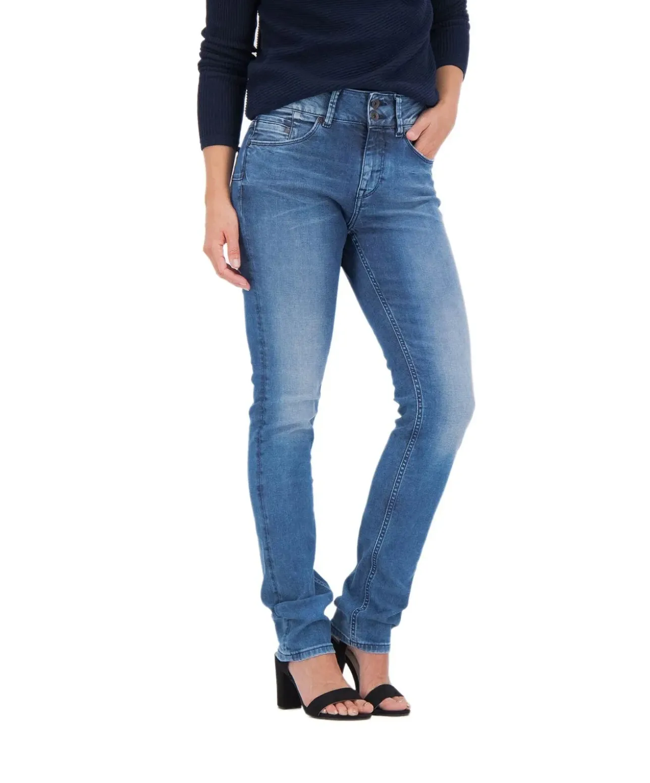 Garcia Damen Jeans Curved Caro in mittelblauem Used