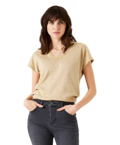 Garcia T-Shirt in beige mit Glitzer-Optik und V-Ausschnitt