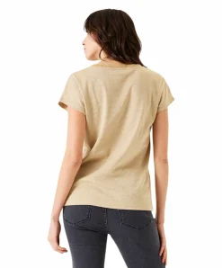 Garcia T-Shirt in beige mit Glitzer-Optik und V-Ausschnitt