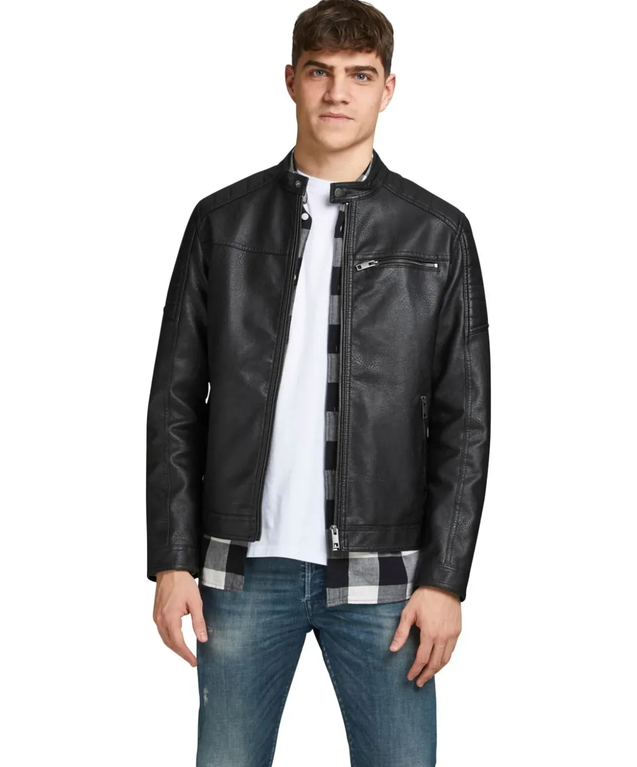 Jack & Jones Bikerjacke Rocky aus schwarzem Leder