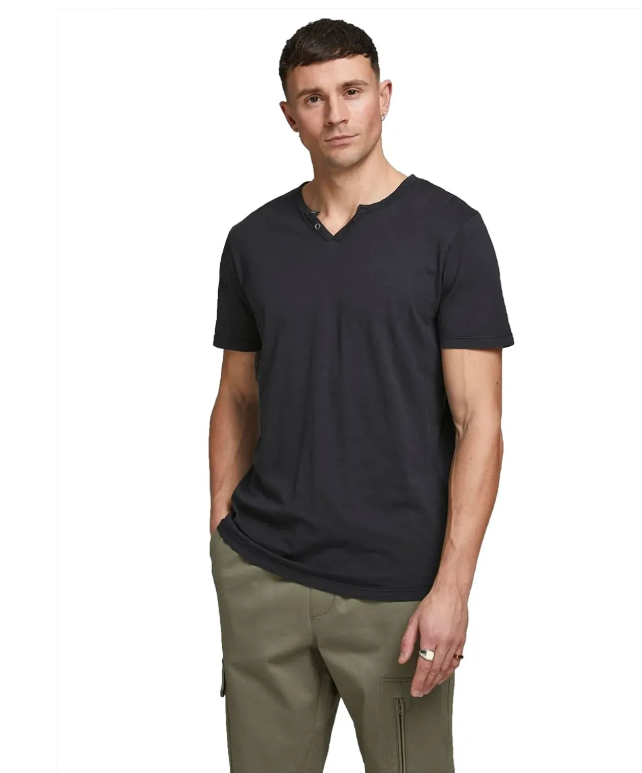 Jack & Jones T-Shirt Split mit Neck in schwarzem Black