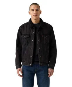 LEVI'S Trucker Jacke aus schwarzem Denim mit Sherpa-Futter