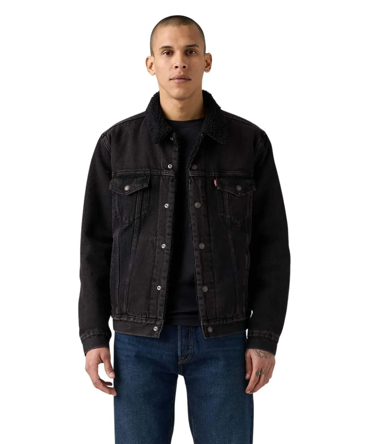 LEVI'S Trucker Jacke aus schwarzem Denim mit Sherpa-Futter