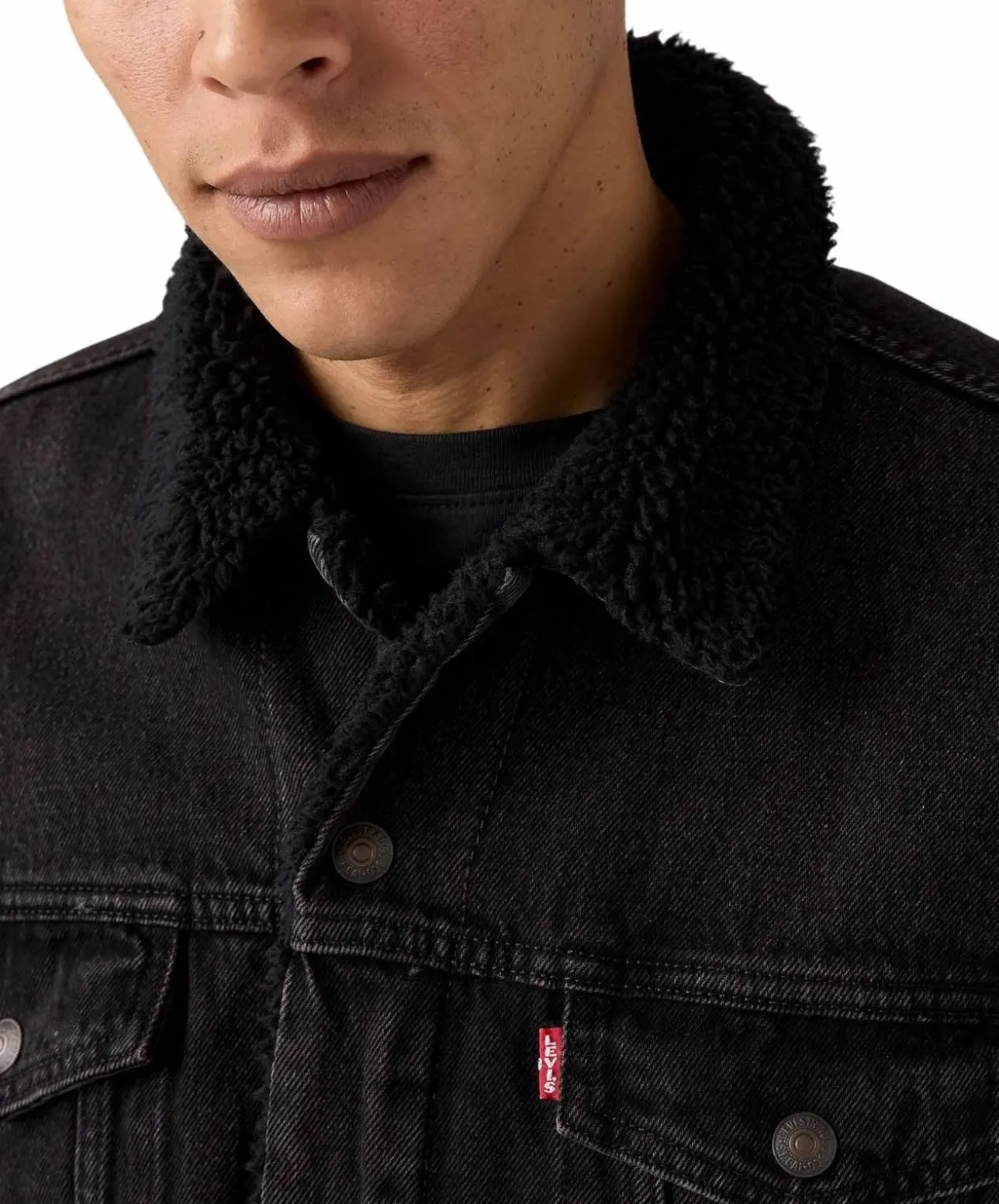 LEVI'S Trucker Jacke aus schwarzem Denim mit Sherpa-Futter