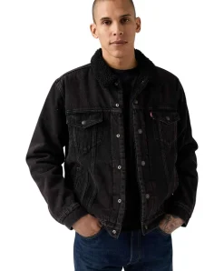 LEVI'S Trucker Jacke aus schwarzem Denim mit Sherpa-Futter