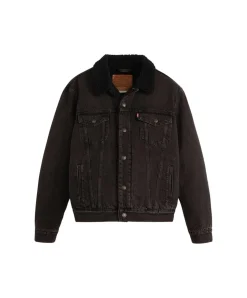 LEVI'S Trucker Jacke aus schwarzem Denim mit Sherpa-Futter