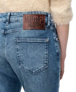 MAC Straight Jeans in Mittelblau und Krempel-Look