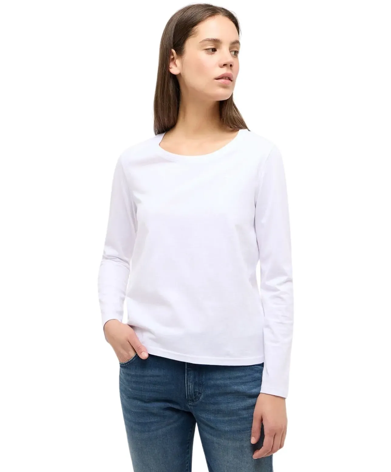 Mustang Langarmshirt Elly in Weiß mit Rundhalsausschnitt