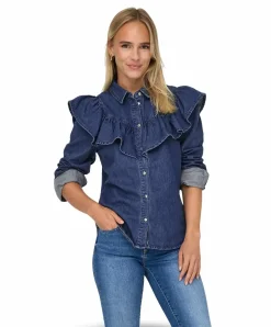 Only Jeansbluse in Dark Blue mit Rüschen und Langarm