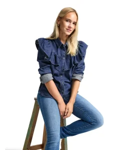 Only Jeansbluse in Dark Blue mit Rüschen und Langarm