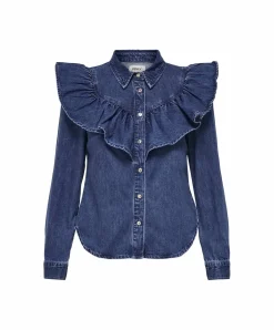 Only Jeansbluse in Dark Blue mit Rüschen und Langarm