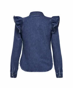Only Jeansbluse in Dark Blue mit Rüschen und Langarm