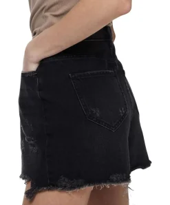PIECES Jeansshorts in schwarz mit ausgefranstem Saum