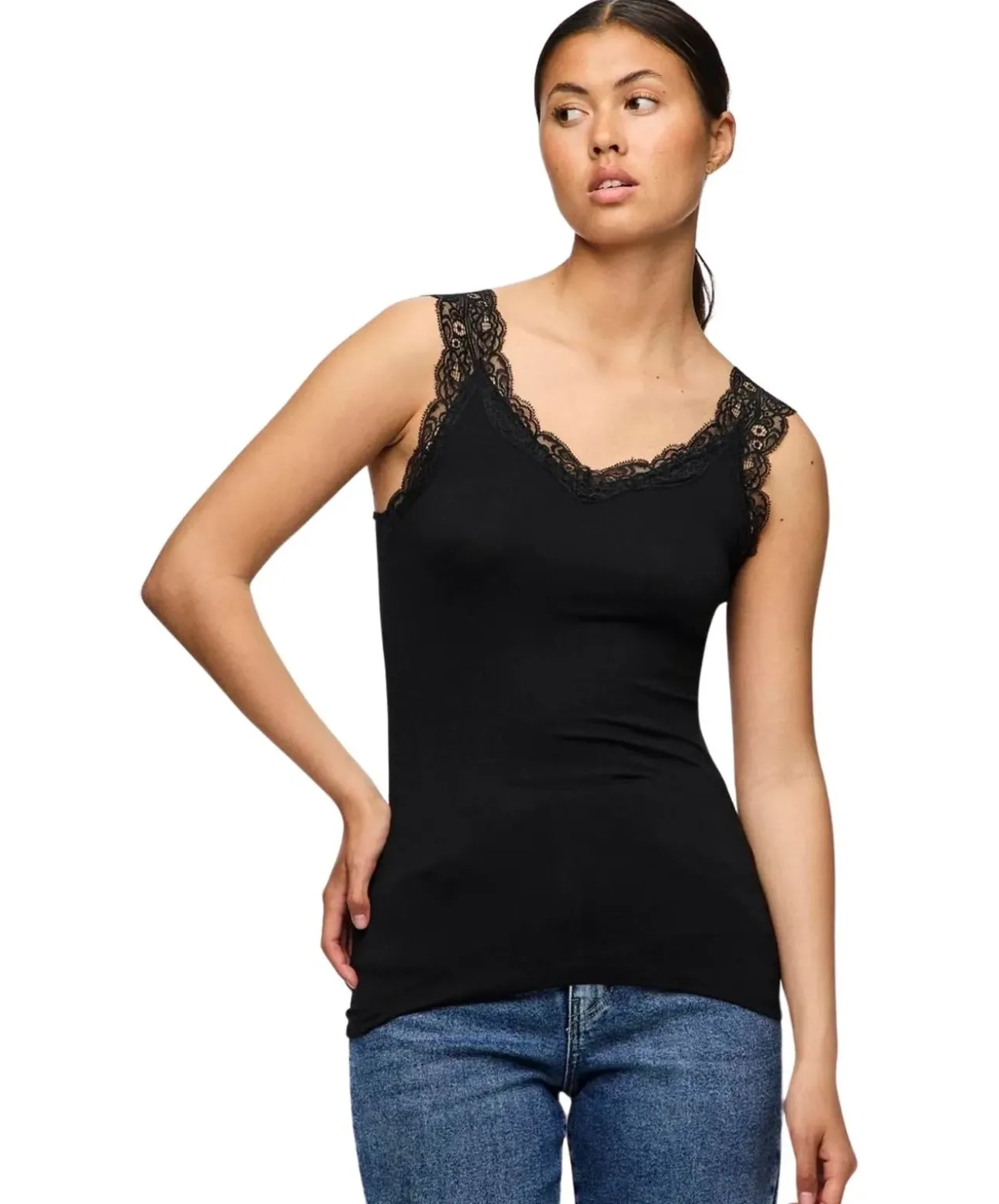 Pieces Spitzentop Barbera Lace in Schwarz
