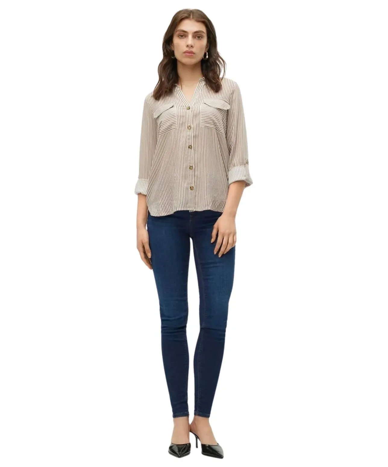 Vero Moda Hemdbluse Bumby mit braunen Streifen und Brusttaschen