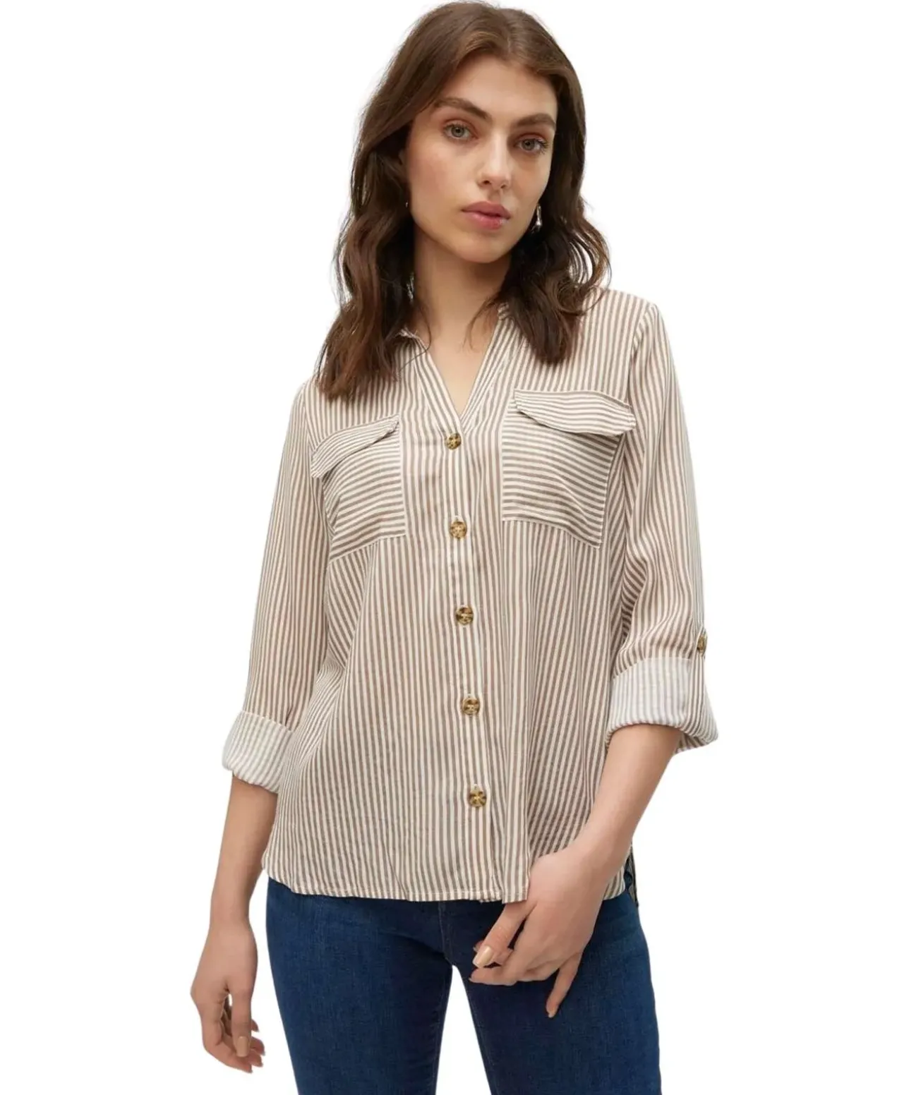 Vero Moda Hemdbluse Bumby mit braunen Streifen und Brusttaschen