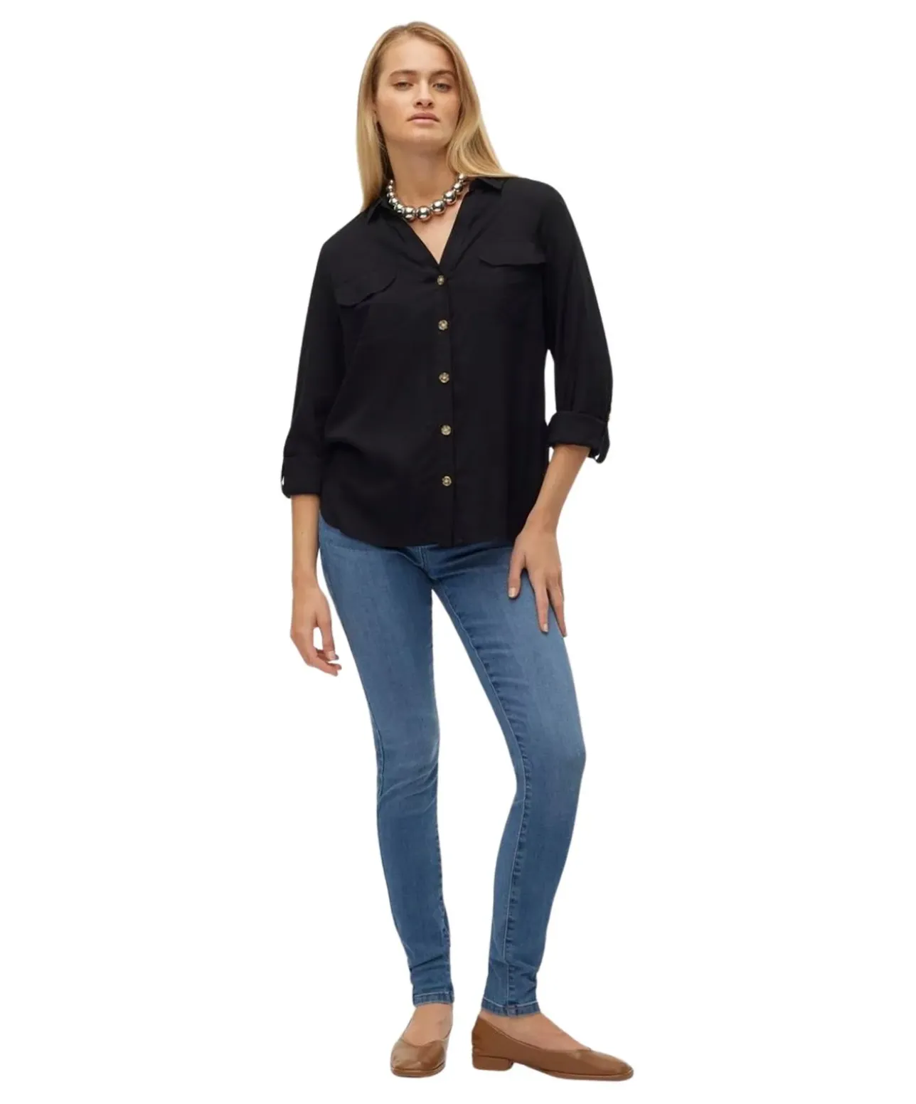 Vero Moda Hemdbluse Bumpy in Schwarz mit V-Ausschnitt
