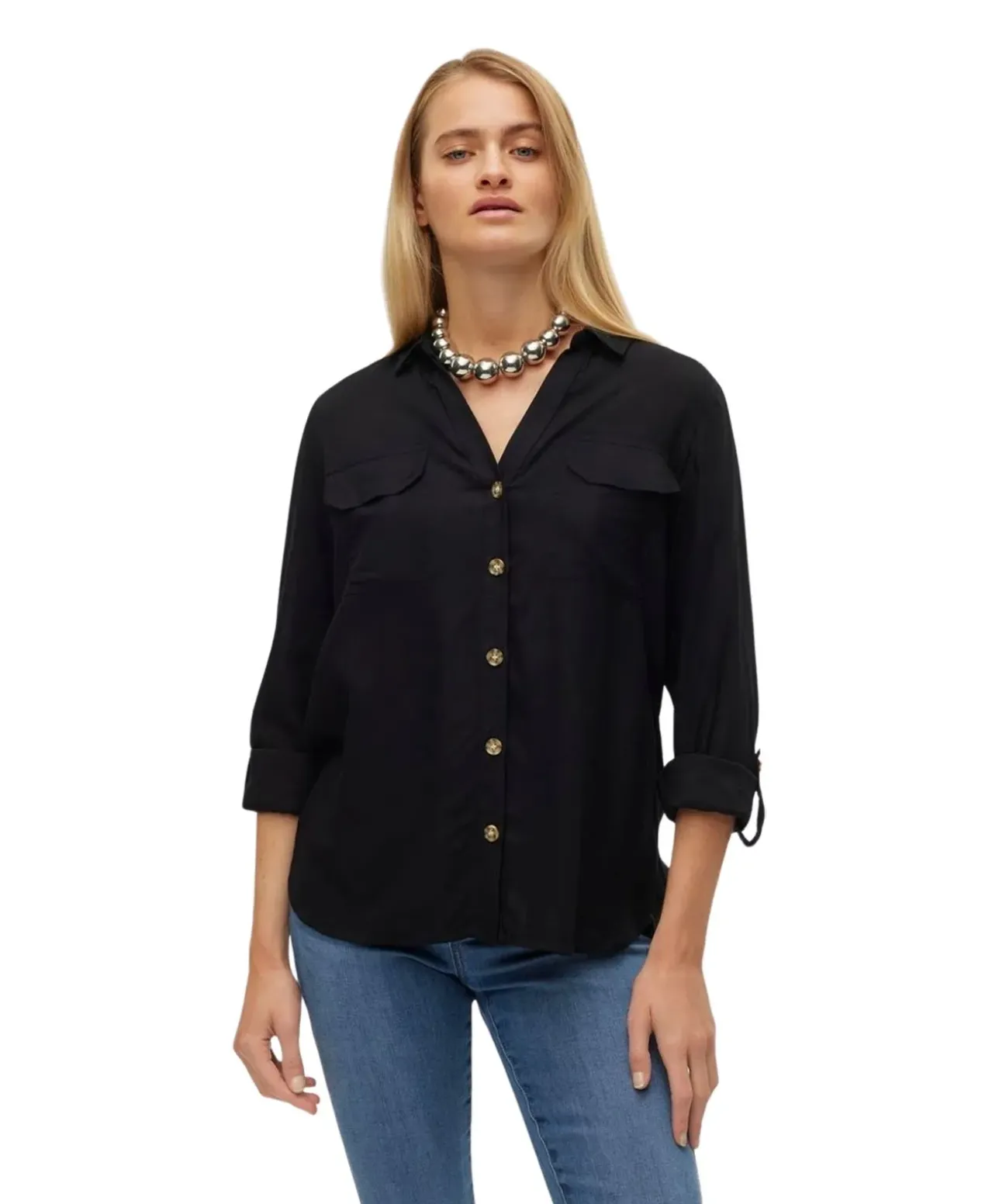 Vero Moda Hemdbluse Bumpy in Schwarz mit V-Ausschnitt