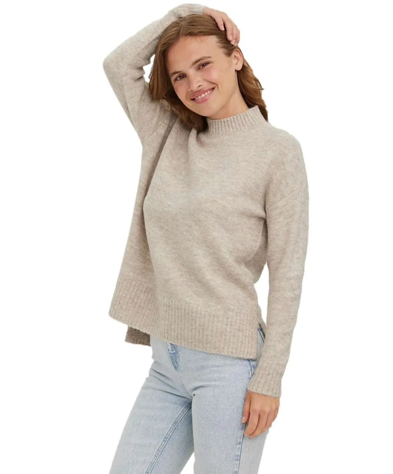 Vero Moda Strickpullover Lefile in Beige mit Stehkragen